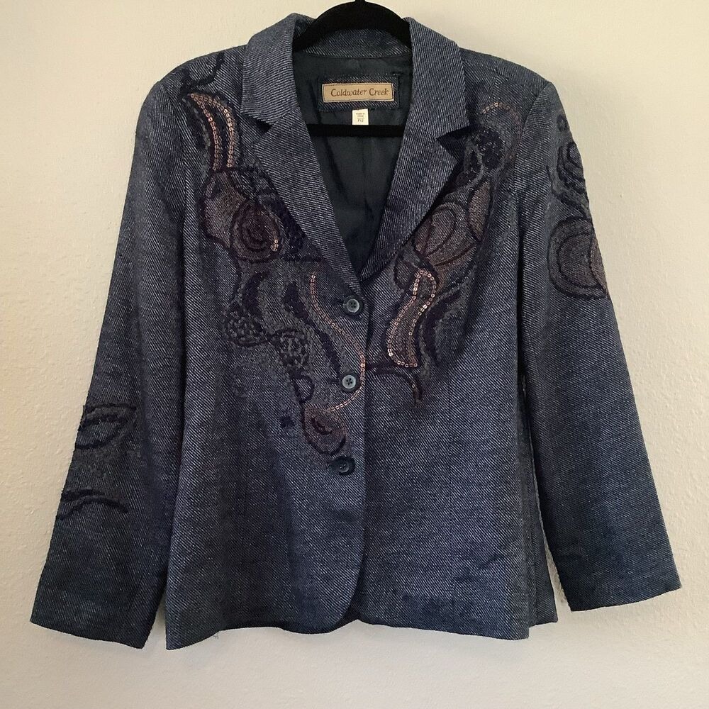 Coldwater Creek Navy Wool Blend Boho Embroidered Sequin Artsy Blazer 12P